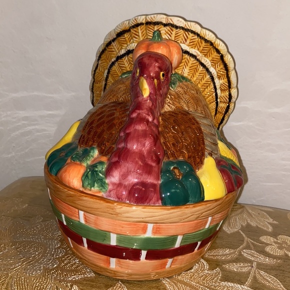 HUGE TURKEY TUREEN THANKSGIVING POTTERY HAND PAINTED NEW HARVEST Fall Vintage - Picture 7 of 13